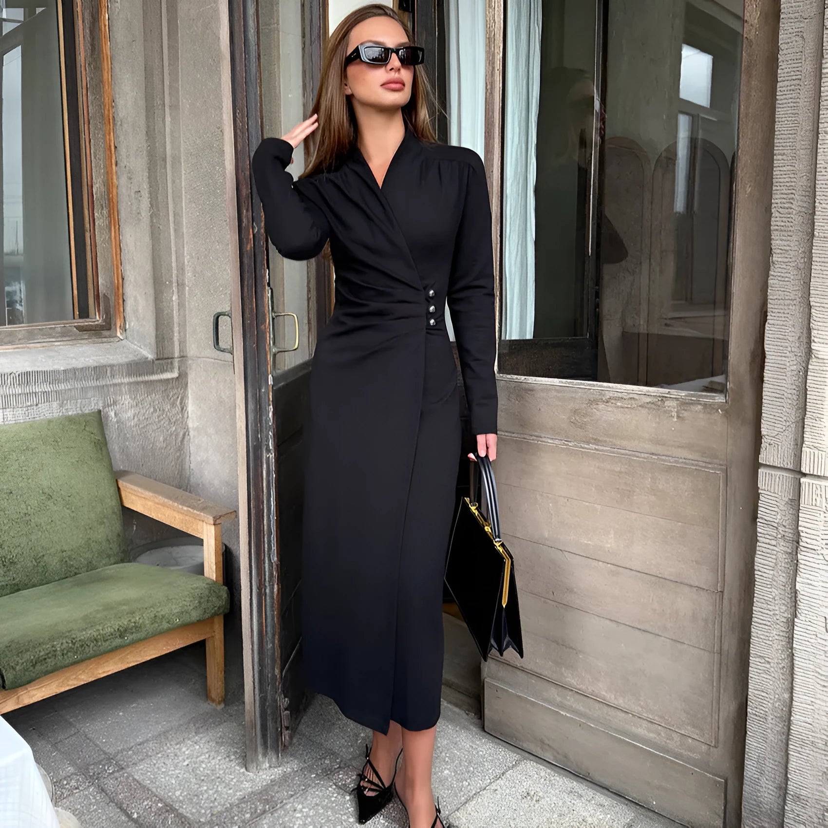 Simple all-matching black long sleeve dress for women polyester hip skirt casual wear