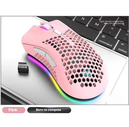 Hollow out wireless gaming mouse with RGB lighting in black, cyan, and white colour options