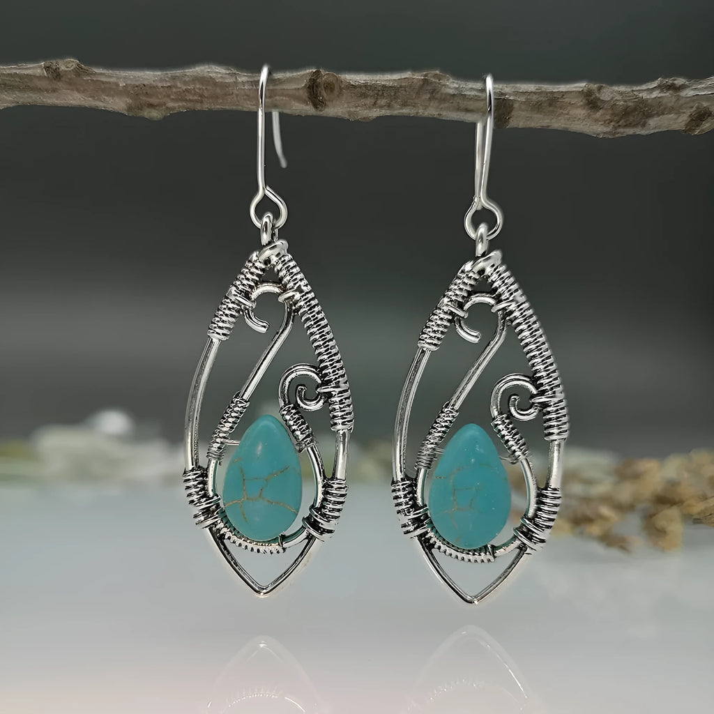 Retro geometric ellipse earrings in antique silver turquoise with lapis string winding, one pair