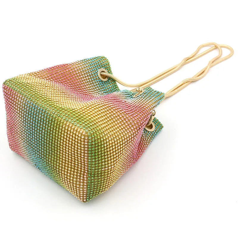 Rainbow coloured rhinestone bucket bag with sparkling diamond decoration