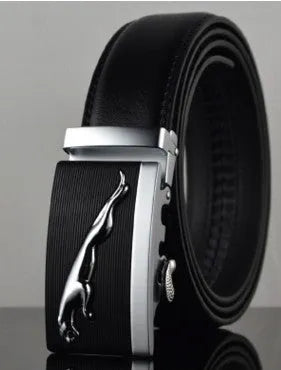 Black men's automatic buckle leather belt with a 3.5cm width, showing the buckle mechanism and leopard print design.
