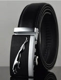 Black men's automatic buckle leather belt with a 3.5cm width, showing the buckle mechanism and leopard print design.