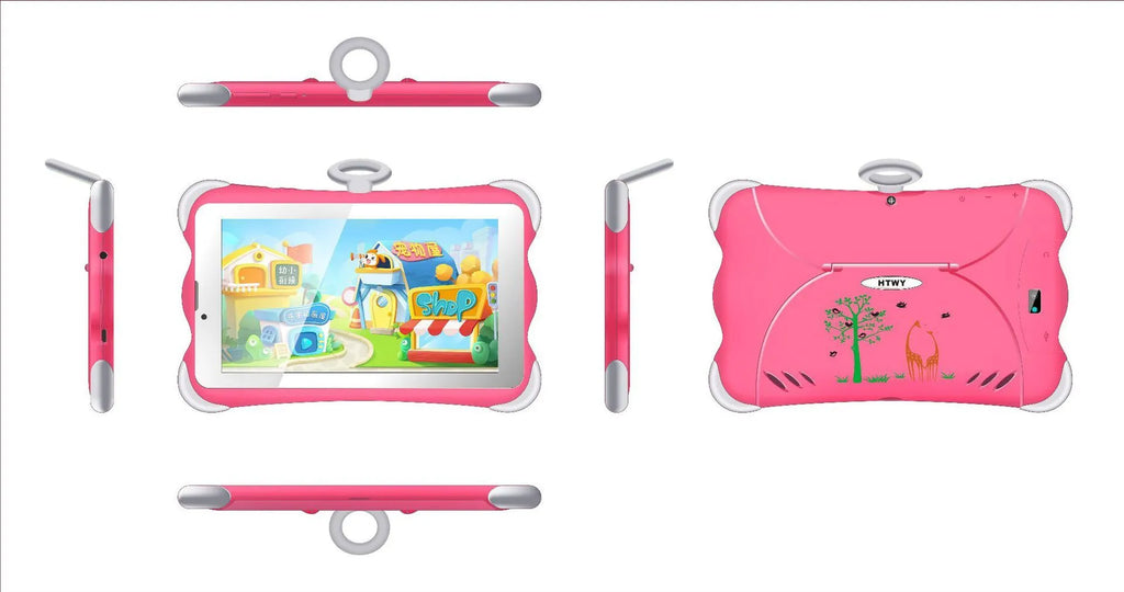 7-inch children's learning tablet with stand showing cartoon colour options and 3G calling feature