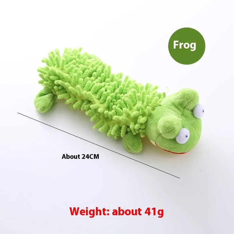Plush molar horse dog chew toy in various animal designs including brown dog, yellow duck, and pink pig.
