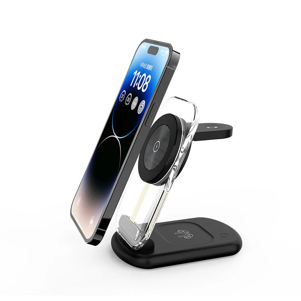 Transparent folding magnetic wireless charger showing internal components and magnetic alignment