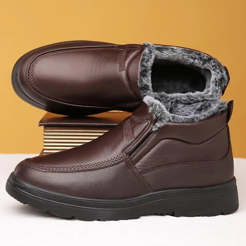 Men's black fleece-lined waterproof winter slippers with a non-slip rubber sole.