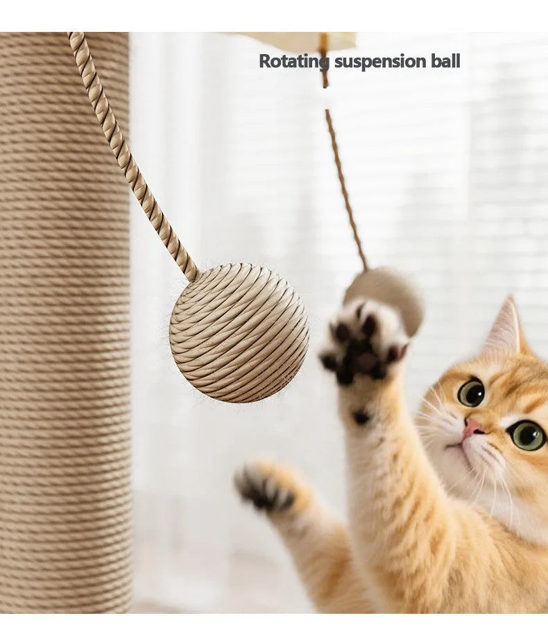 Pine wood cat climbing frame with scratch-resistant hanging ball and carpet leather surfaces