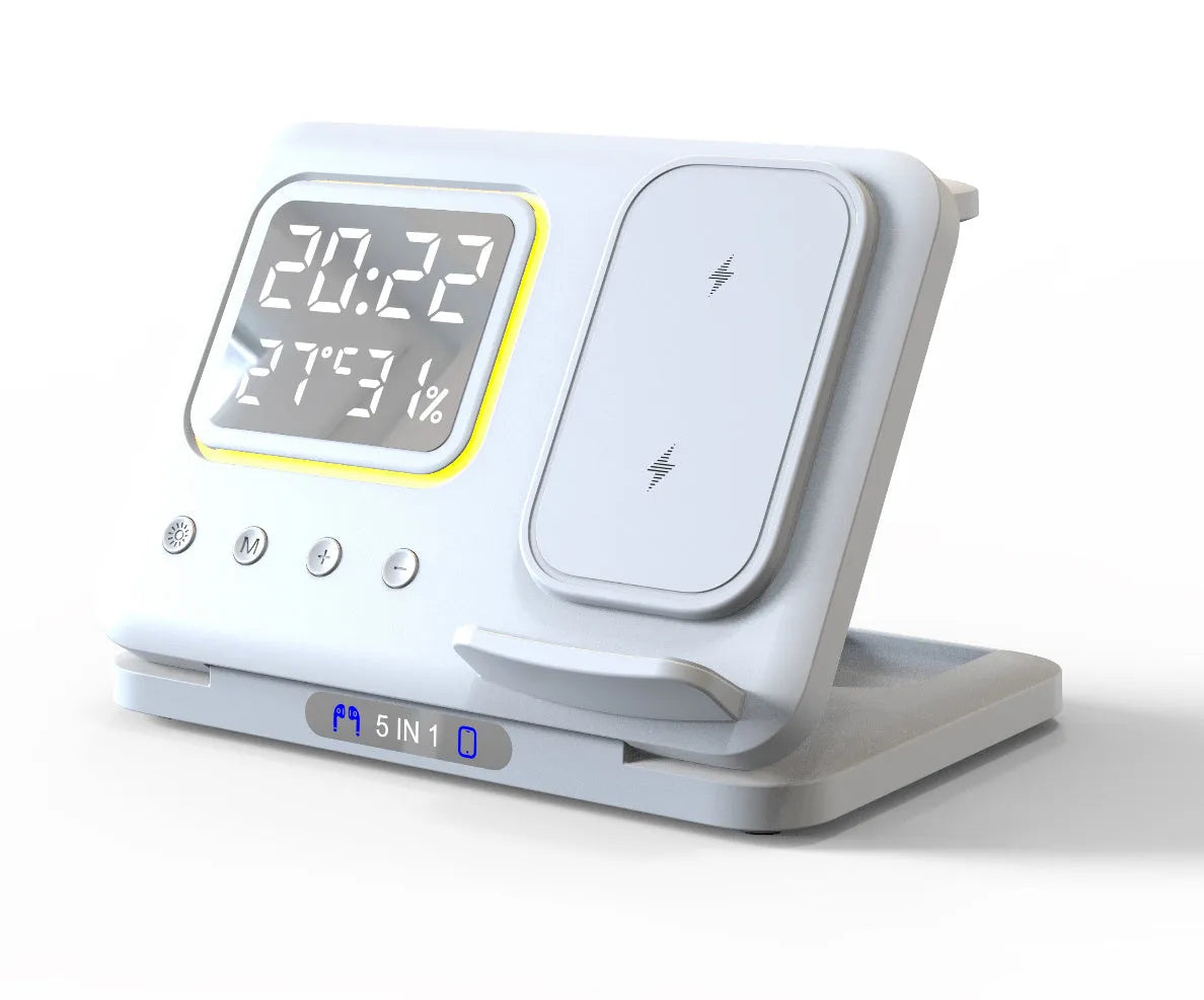 Black and white 15W wireless charging stand with LED digital display showing time, humidity and temperature readings