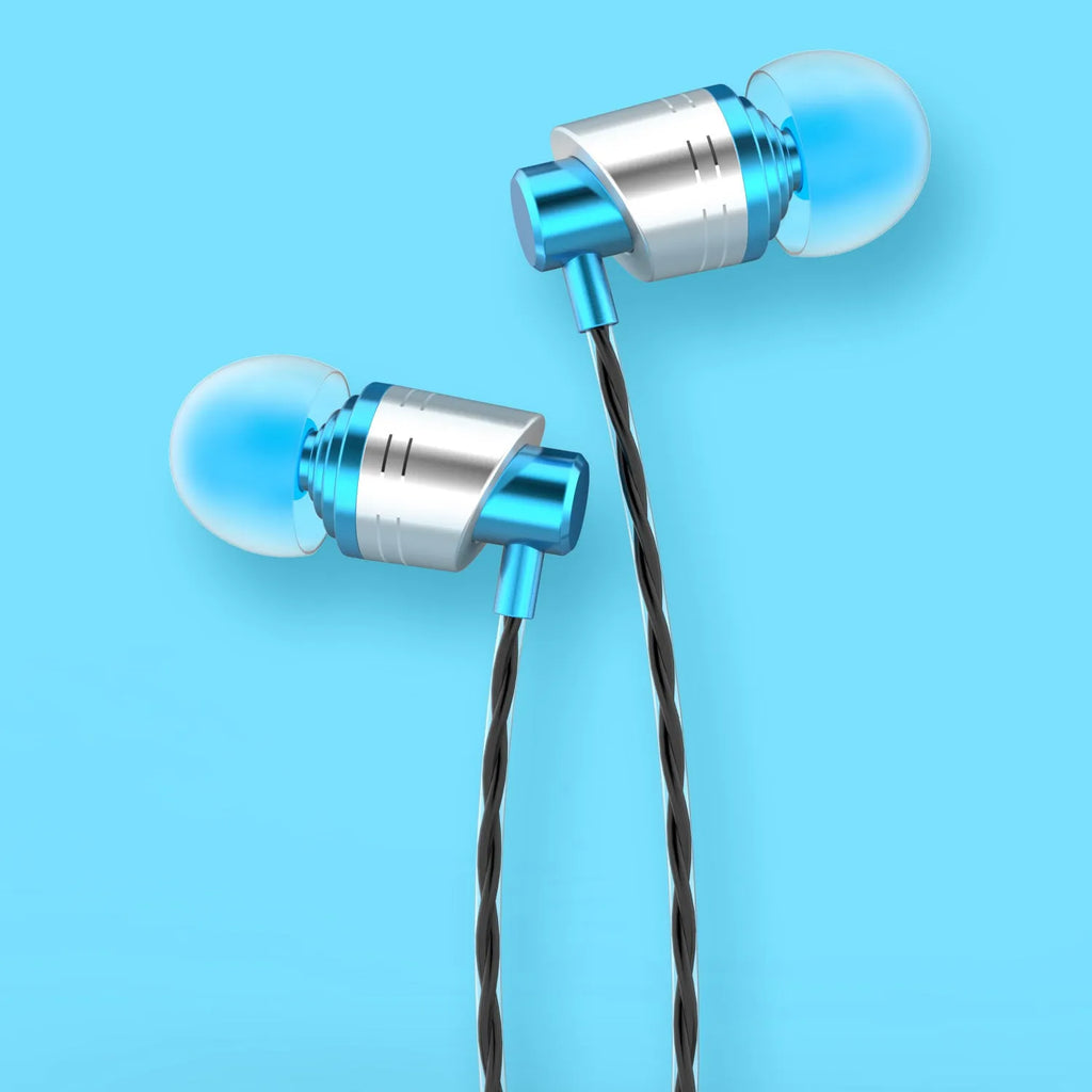 Wired in-ear headphones with microphone, 3.5mm jack, and choice of black, blue, or red colour.