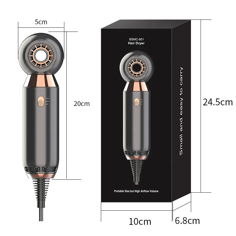 Leafless blower hair dryer with its handle folded down, showing the nozzle and control buttons.