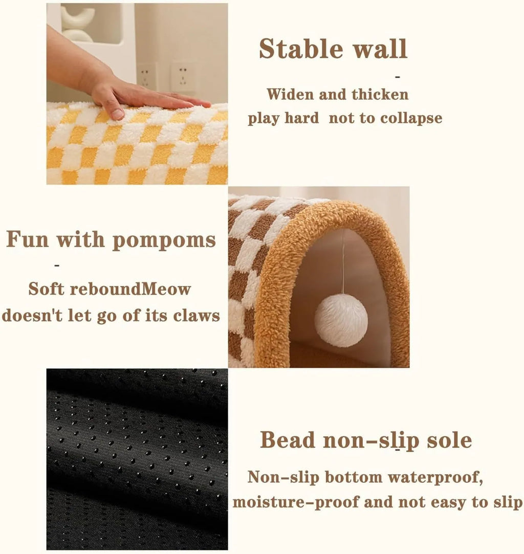 Brown plaid cat tunnel bed with central mat showing fluffy material and non-slip bottom