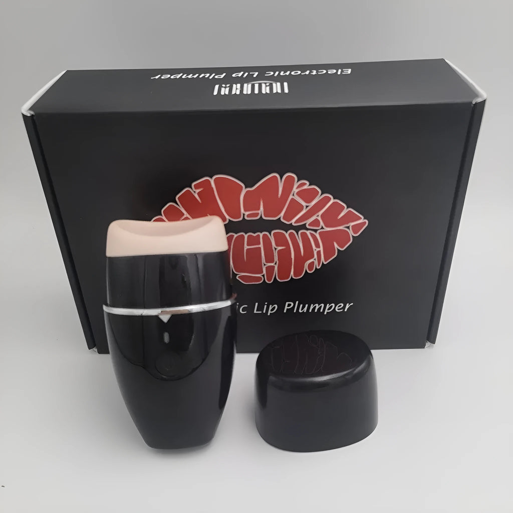 Black and white electric silicone lip plumper device with USB charging cable.