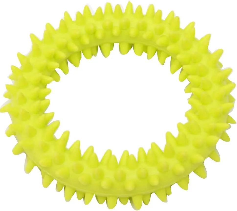 TPR spiky circle ring dog chew toy in blue with textured dental cleaning nubs
