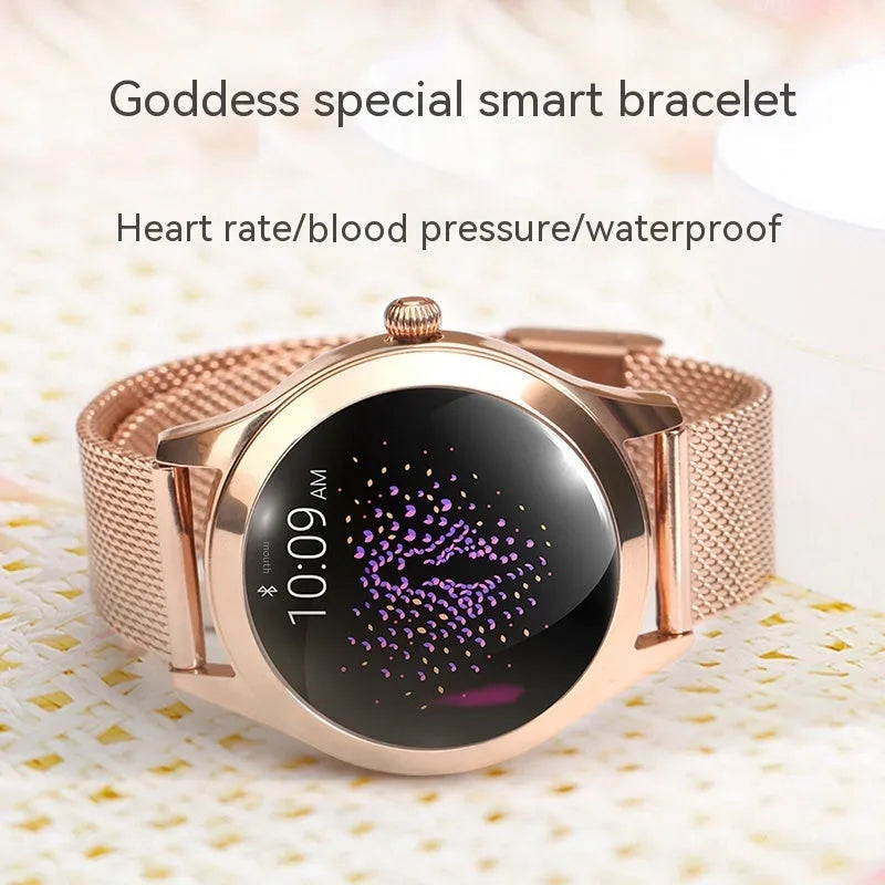 Women's multi-functional smartwatch with heart rate monitoring in black, rose gold, silver, or white colour options