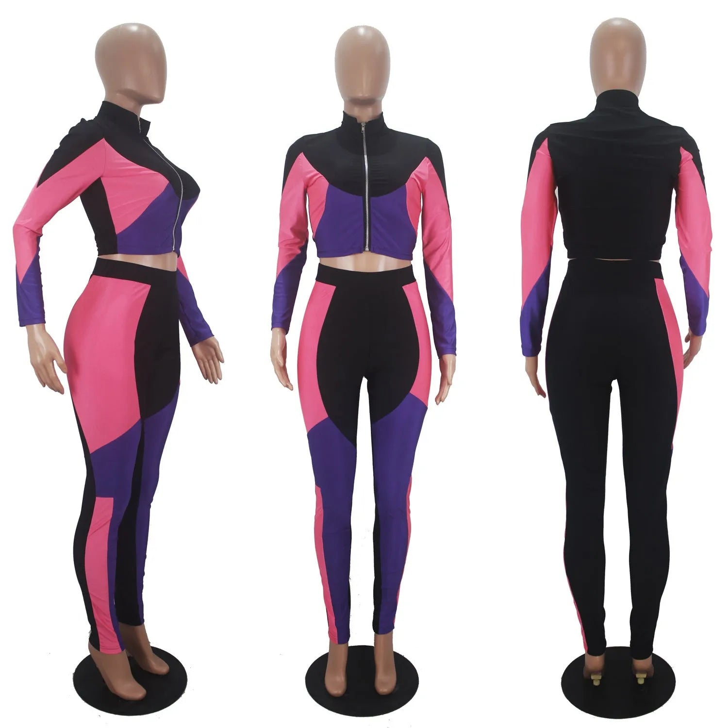 Women's three-color stitching long-sleeved sports two-piece suit in solid colour elastic satin polyester