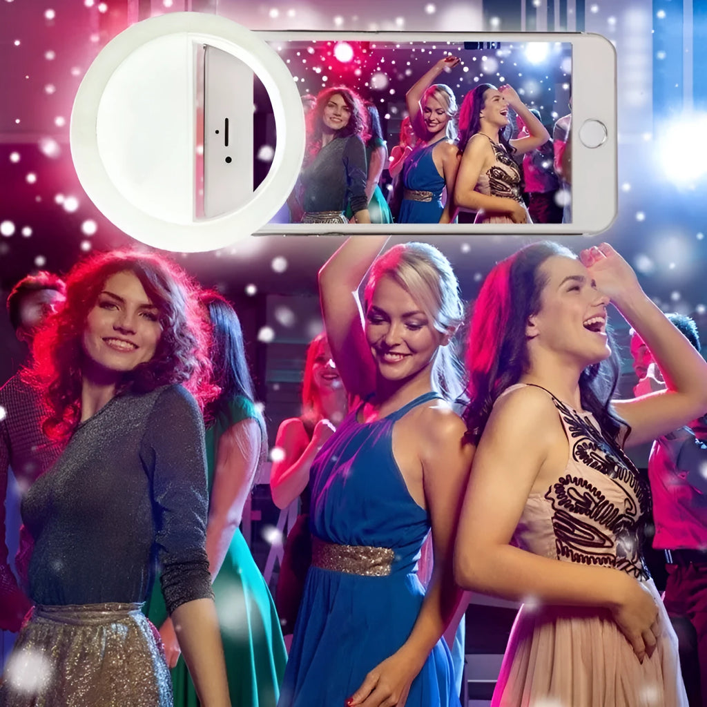 Smartphone clip-on selfie ring light with LED bulbs in green, white, black or pink colours