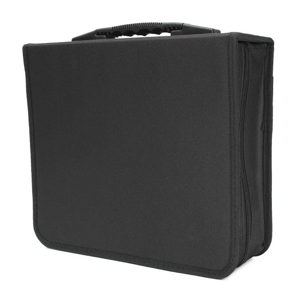 Black Oxford fabric CD DVD storage binder with top carry handle and zipper closure.
