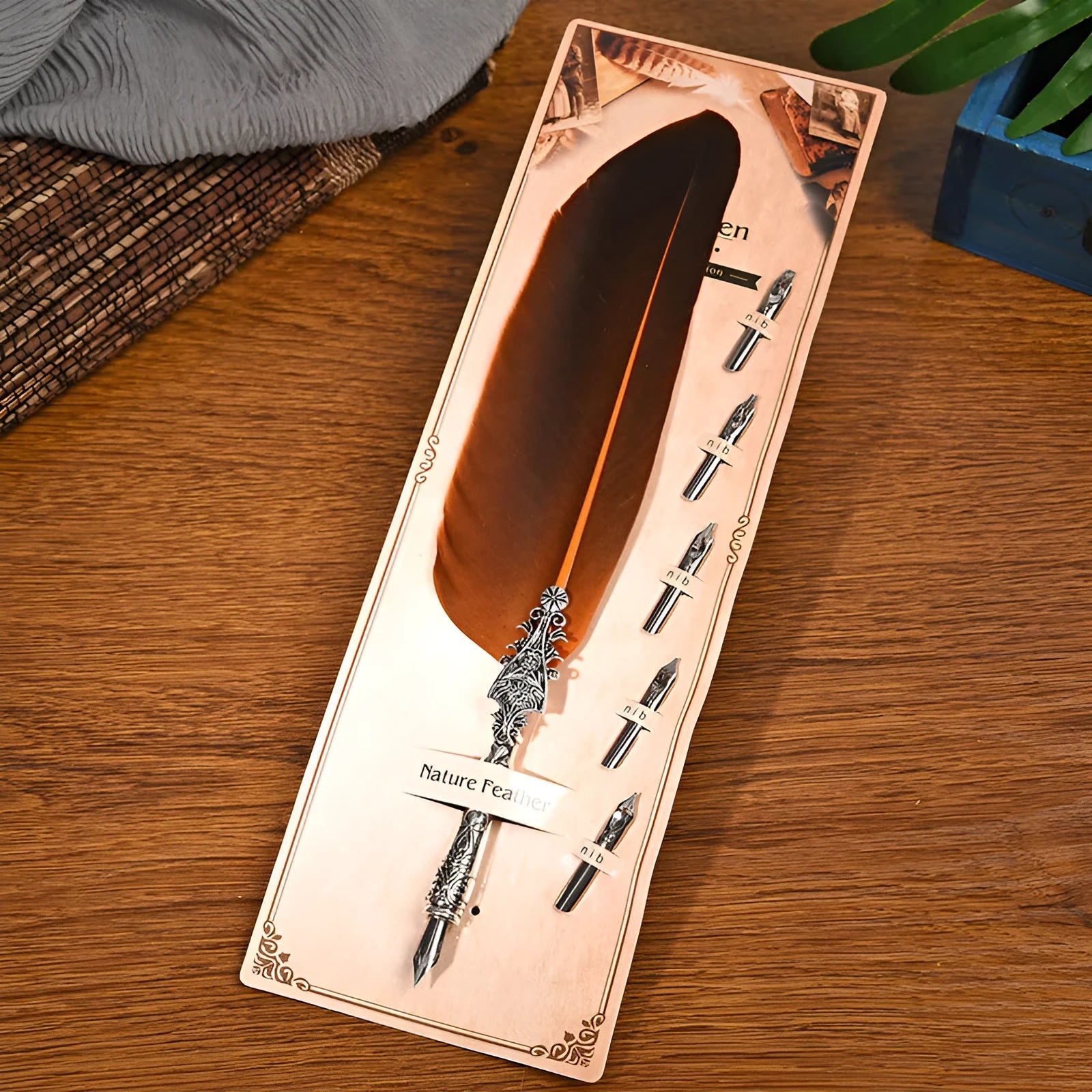 Vintage feather dip pen in multiple colours with zinc alloy construction measuring 30 cm length