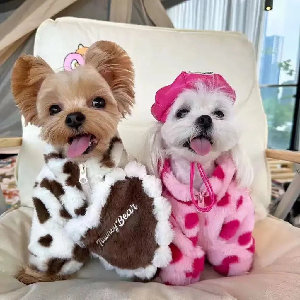 Polyester plush warm coat for small dogs in pink or brown colours, British style design