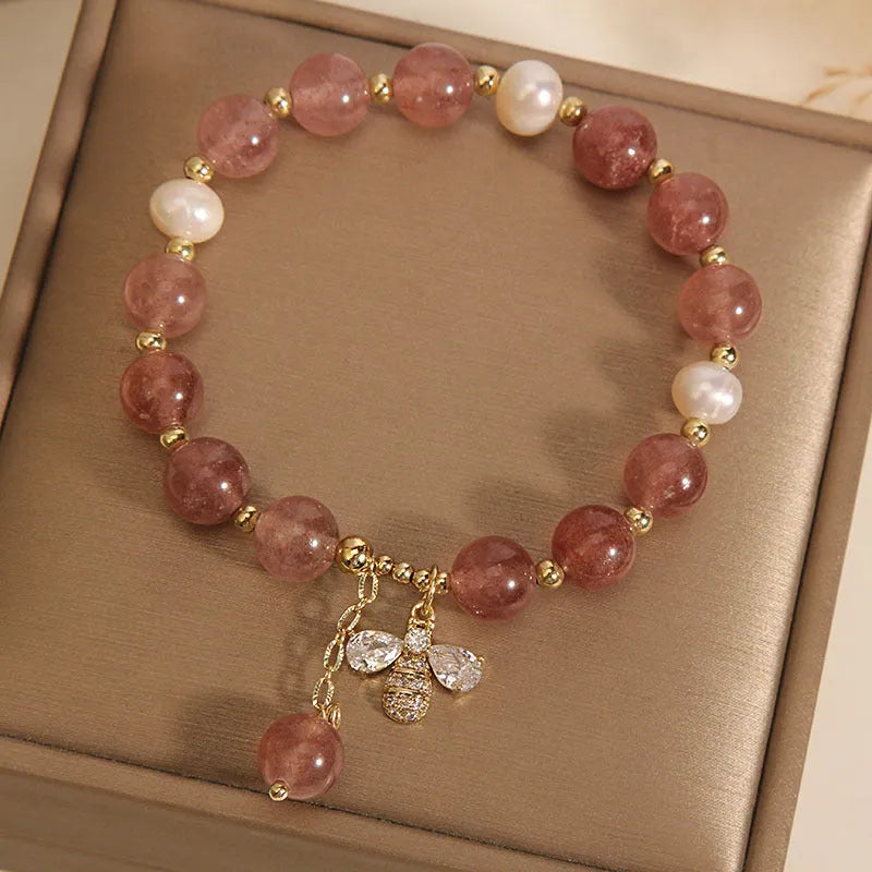 Women's strawberry quartz and freshwater pearl bracelet with zircon accents and alloy clasp