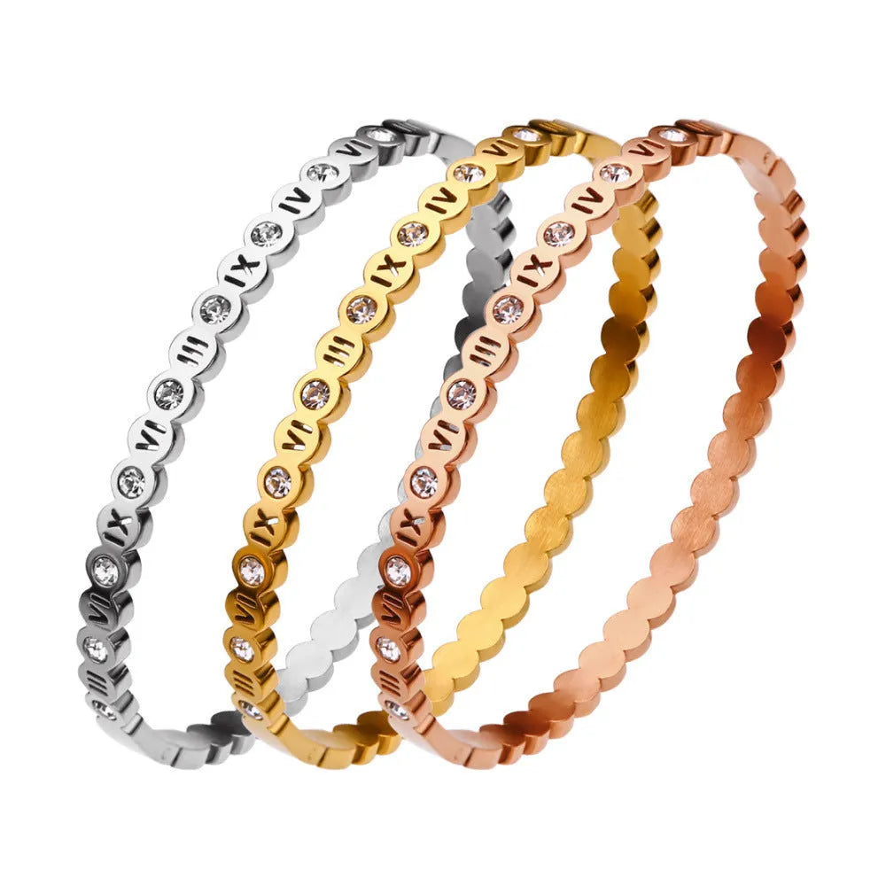 Korean style titanium steel bracelet with numerical elements in gold, rose gold, or steel colour finish