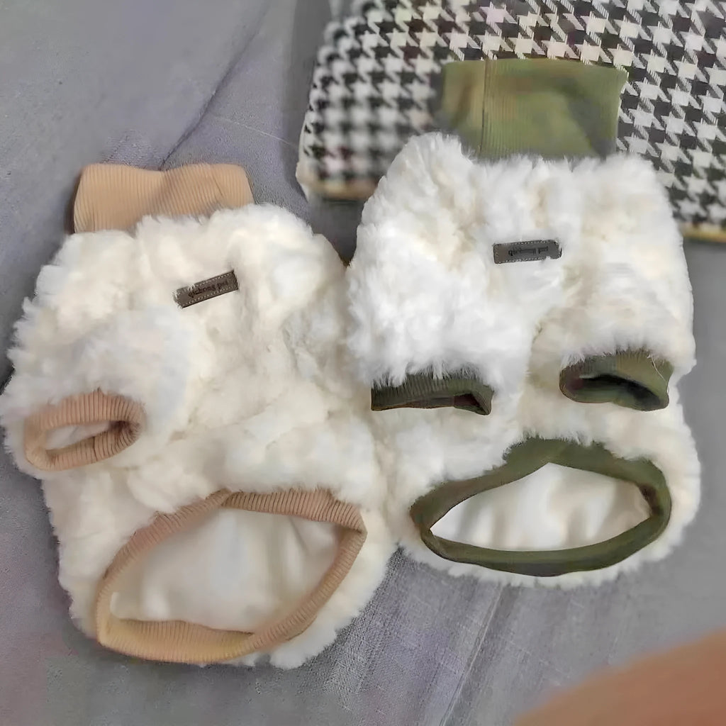 Turtleneck plush cotton-padded dog coat in high collar creamy green, sizes XS-XL for small and medium dogs