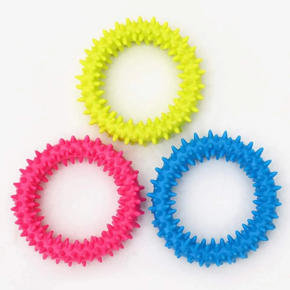 TPR spiky circle ring dog chew toy in blue with textured dental cleaning nubs