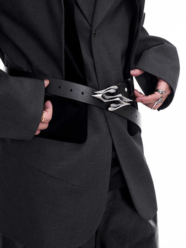Black men's leather belt made from two-layer cowhide with a metal letter buckle