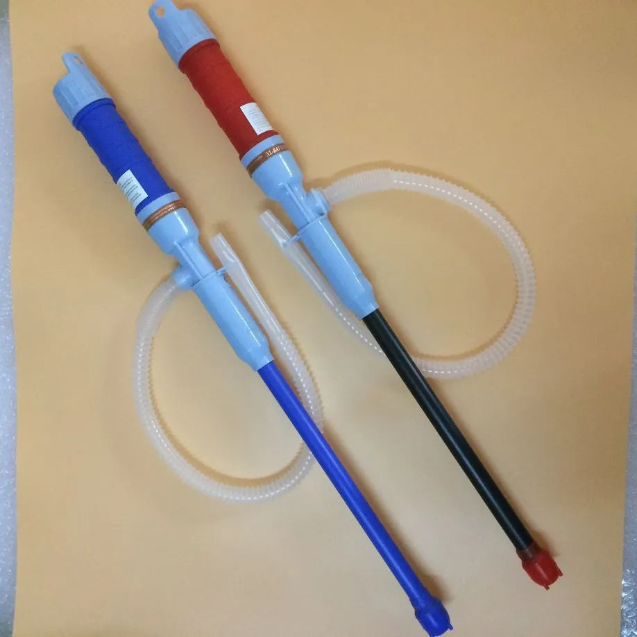 Blue and red manual siphon transfer pump for fuel, oil, and chemical liquids.