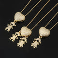 Gold colour copper family heart necklace with cubic zirconia inlay and boy girl motif pendant