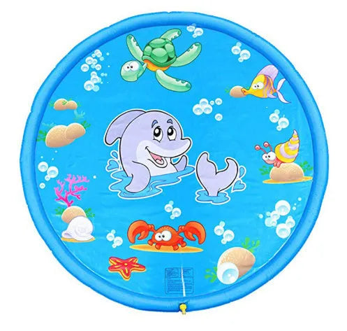 Blue PVC water spray play mat with marine animal designs for outdoor garden use