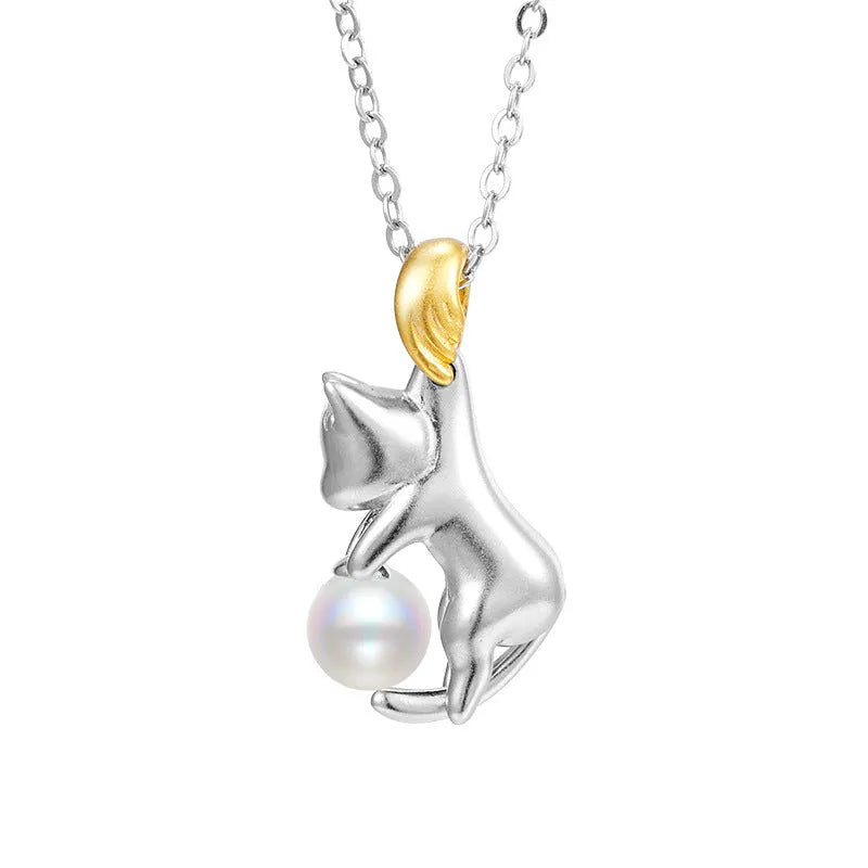 925 sterling silver cat clavicle chain necklace in D3247 fashion OL style with optional chain and pearl bead