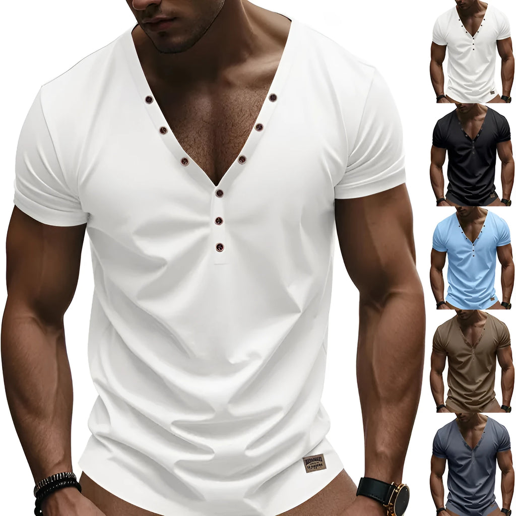 Men's loose fit V-neck button top in chemical fibre blend fabric for sports wear