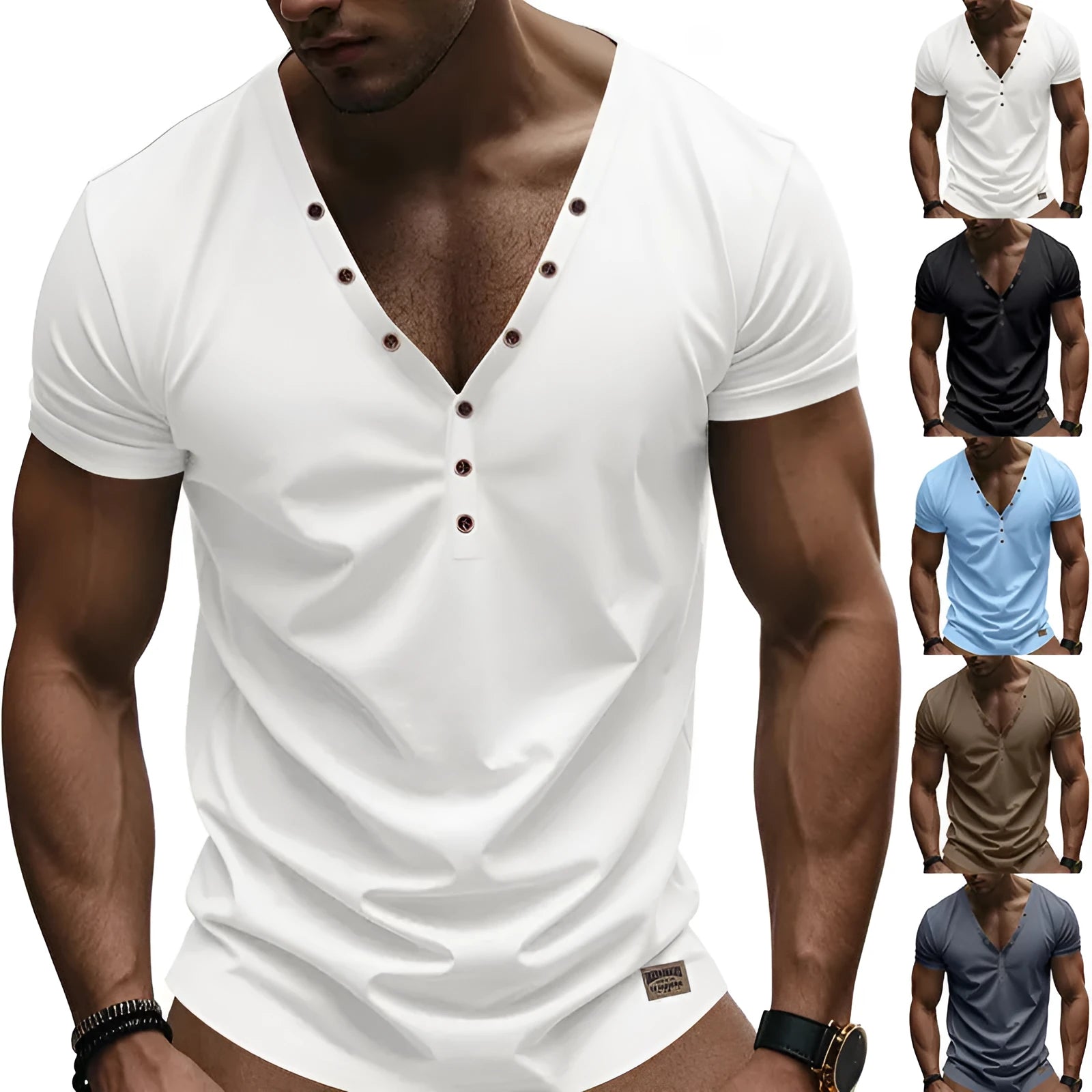 Men's loose fit V-neck button top in chemical fibre blend fabric for sports wear