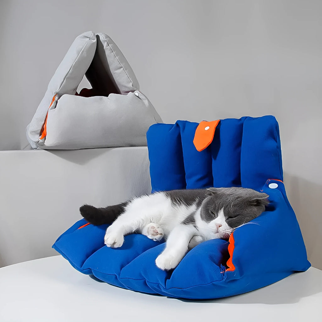 Triangular blue cat nest with drilled combination holes and removable cotton cover