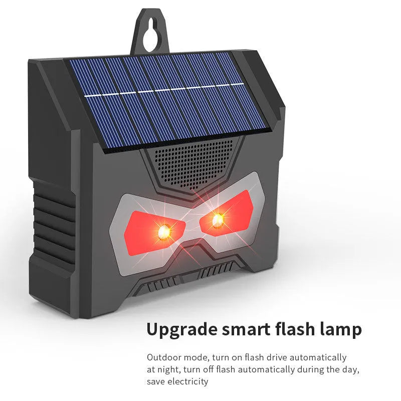 Black solar-powered ultrasonic animal repeller device for outdoor garden pest control