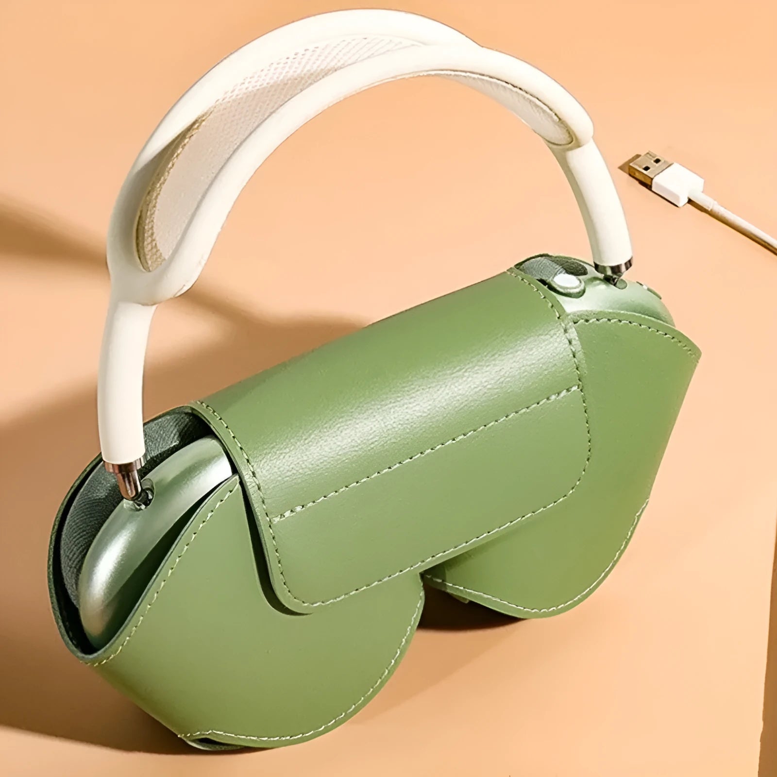 AirPods Max protective case in PU leather, shown in available colours: black, red, white, green, and blue.