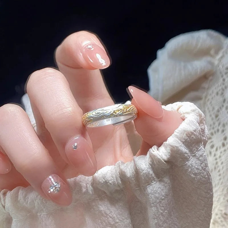 Gold electroplated white copper open ring with Xiangyun geometric pattern