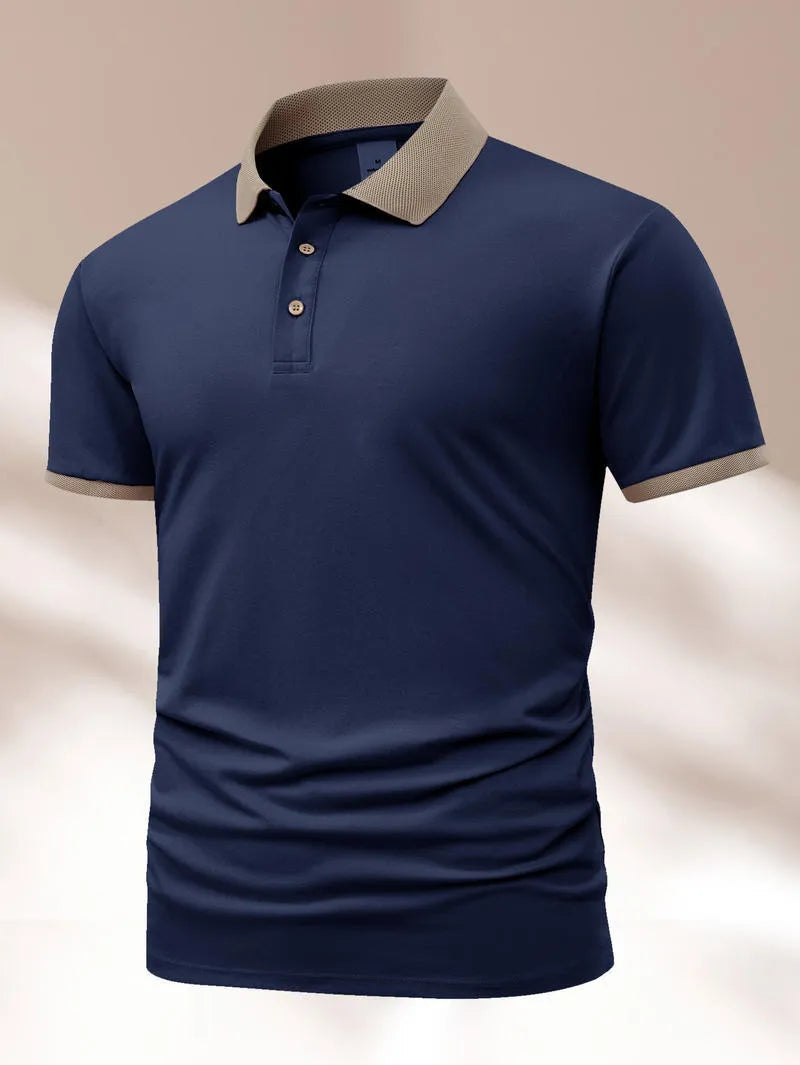 Men's summer polo shirt with short sleeves, lapel collar, flocking print detail, ice silk polyester fabric, in six colours.
