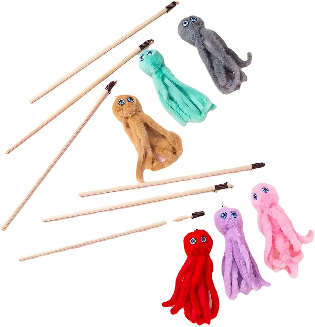 Octopus-themed cat toy with eyes on long 40cm stick for indoor cats