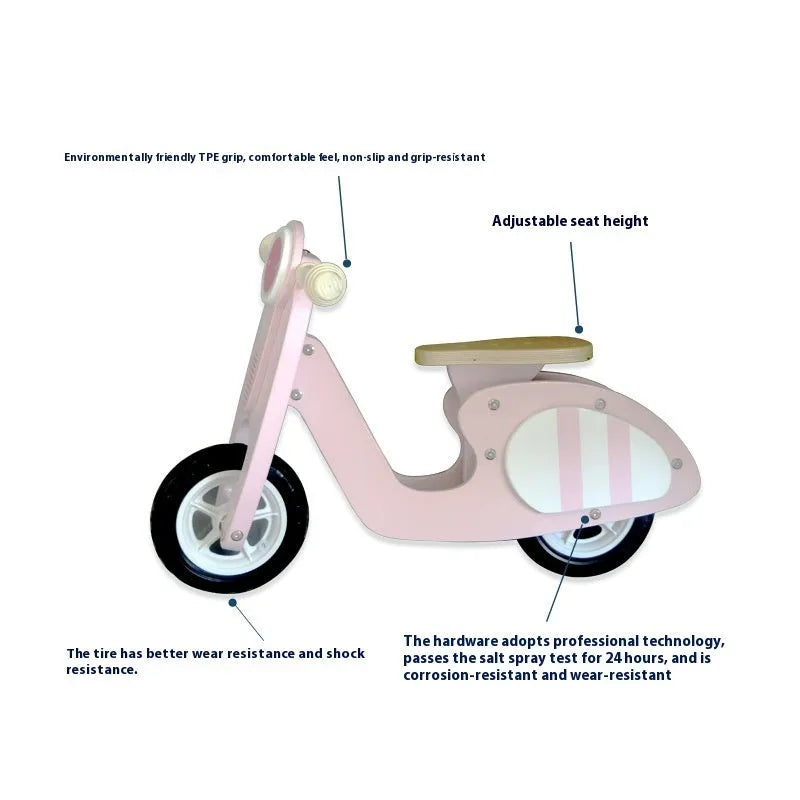 Pink wooden balance scooter for toddlers aged 1 to 6 years, 10 inches long.