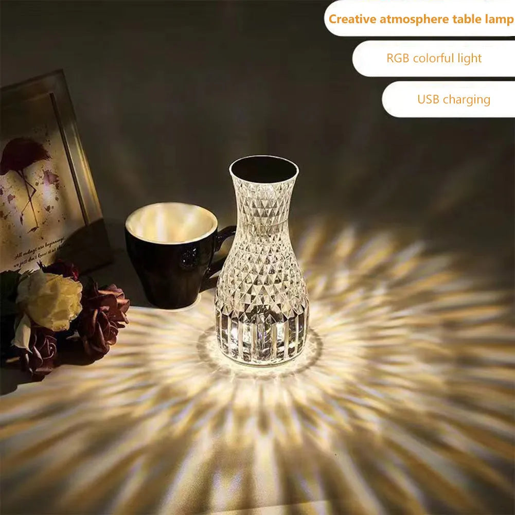 Crystal vase table lamp with remote control measuring 19cm tall on wooden bedside table
