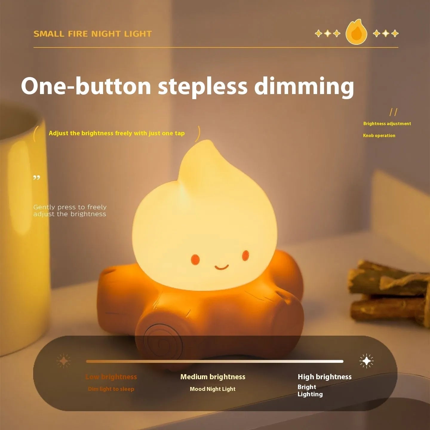 Silicone small fire pile cartoon night lamp with ABS shade on a surface