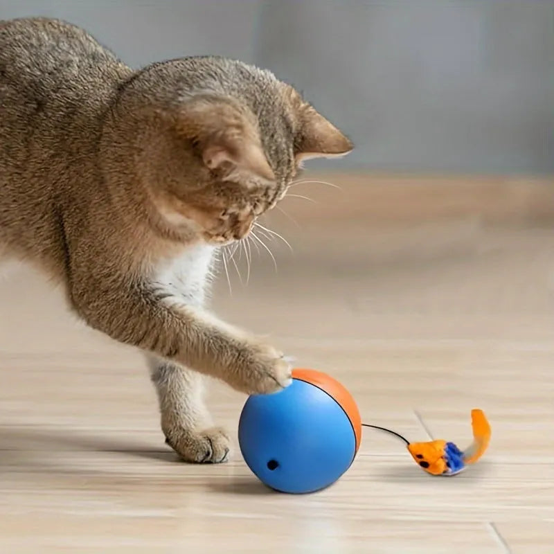 Interactive grey and orange cat toy ball plush mouse measuring 8.5 x 8.5 x 9 cm