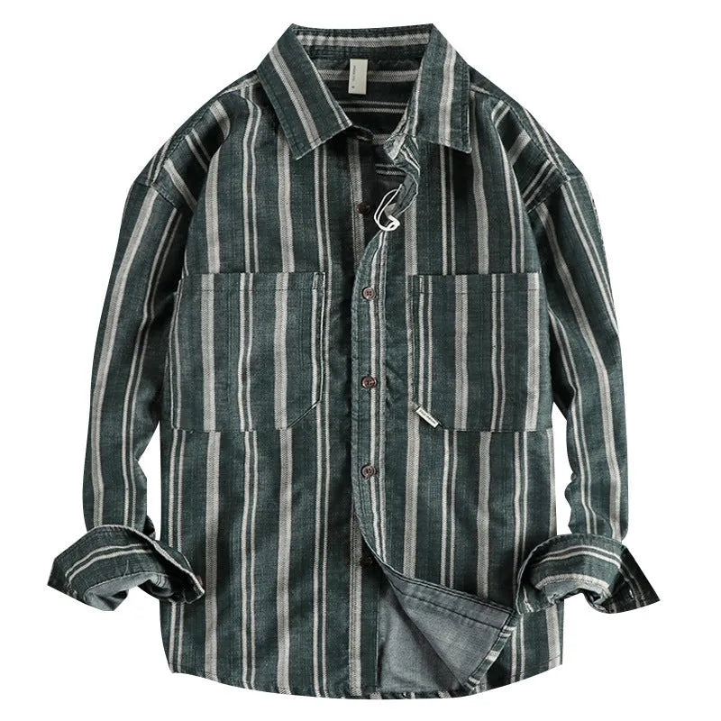 Man modelling a loose-fitting vintage striped shirt in apricot colour with long sleeves, Japanese retro style.