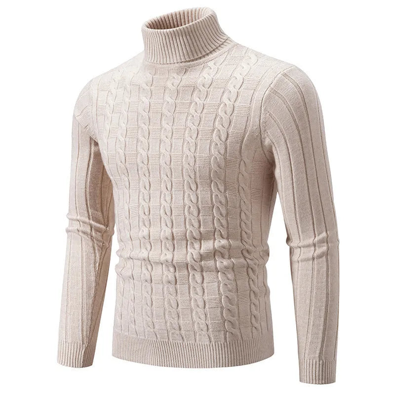Man wearing a milky white slim-fit twist design turtleneck pullover made of chenille fabric.