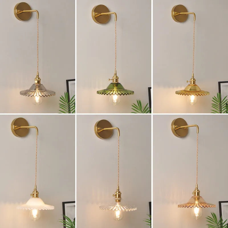 Retro brass bedside lotus wall lamp with glass shade in one of six colours