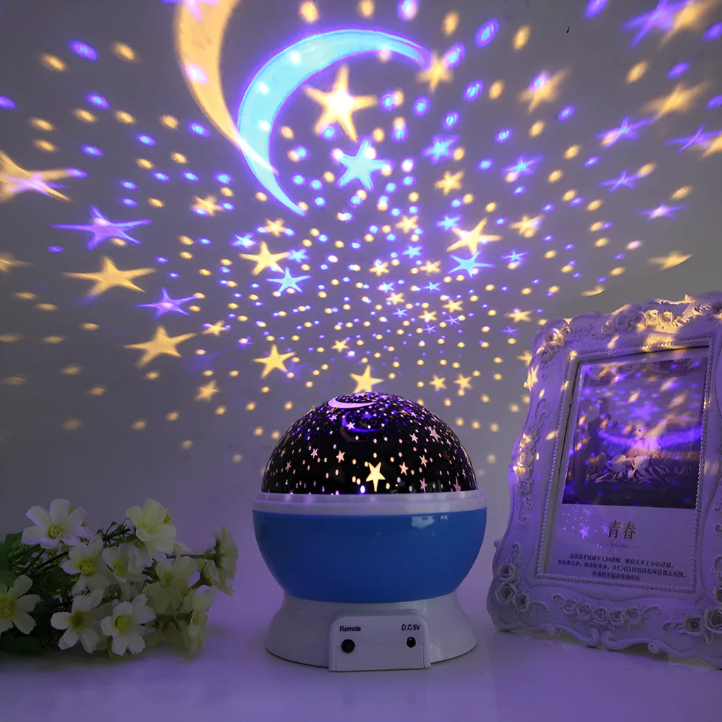 LED projector light in use showing starry sky projection, 14.5x13cm bedside table lamp with USB or battery power