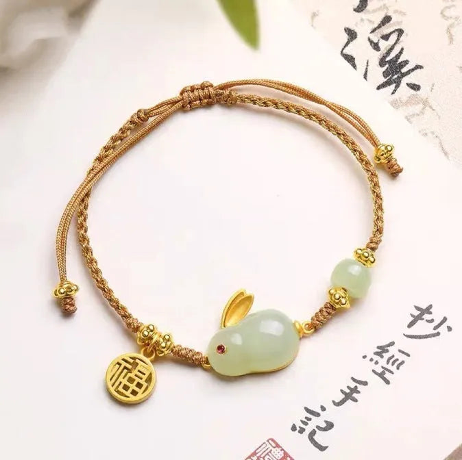 Hetian jade rabbit bracelet on yellow string cord with geometric pendant for women