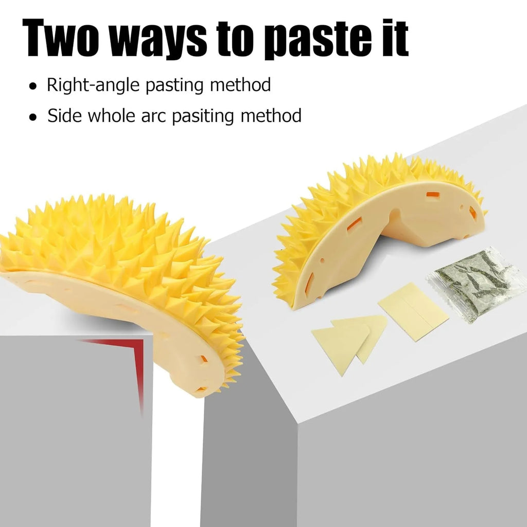 Yellow durian-shaped cat corner scratcher and massage comb toy with adhesive backing